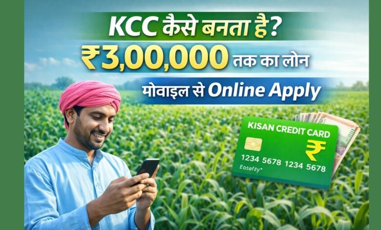 Kisan Credit Card online apply banner showing farmer applying KCC loan up to 3 lakh via mobile