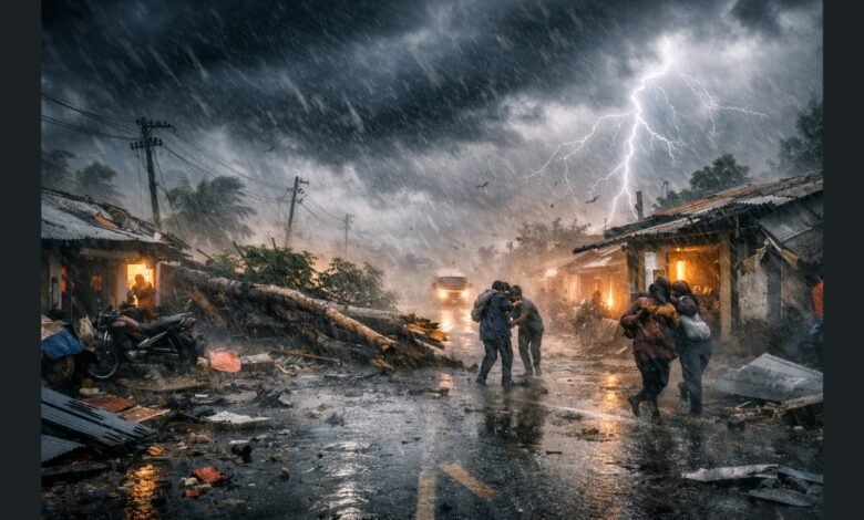 2026 के सबसे बड़े तूफान में तेज़ आंधी और बारिश से मची तबाही का दृश्य
