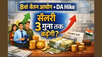 8वें वेतन आयोग और DA Hike से केंद्रीय कर्मचारियों की सैलरी बढ़ोतरी को दर्शाती फीचर इमेज