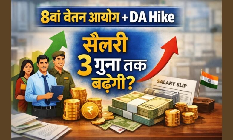 8वें वेतन आयोग और DA Hike से केंद्रीय कर्मचारियों की सैलरी बढ़ोतरी को दर्शाती फीचर इमेज