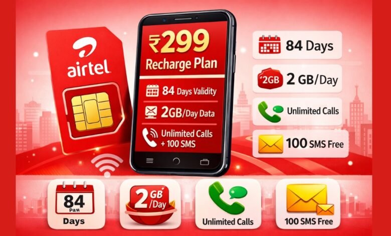 Airtel ₹299 रिचार्ज प्लान जिसमें 84 दिन की वैधता, रोज़ 2GB डेटा और अनलिमिटेड कॉलिंग दिखाई गई है
