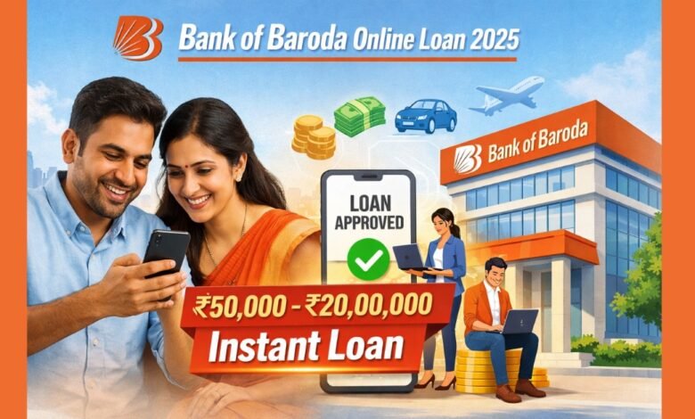 Bank of Baroda online personal loan 2025 banner showing instant loan up to ₹20 lakh
