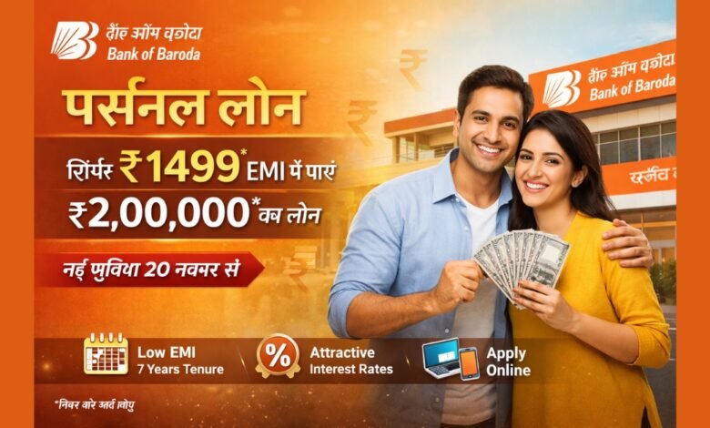 बैंक ऑफ बड़ौदा पर्सनल लोन ₹1499 EMI में ₹2,00,000 लोन की जानकारी दर्शाता हुआ फीचर इमेज