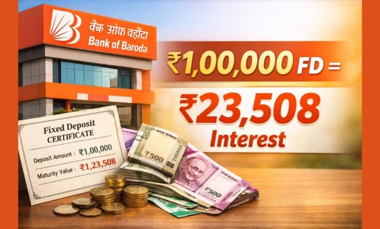Bank of Baroda FD Scheme में ₹1,00,000 जमा करने पर ₹23,508 ब्याज की जानकारी दर्शाता फीचर इमेज