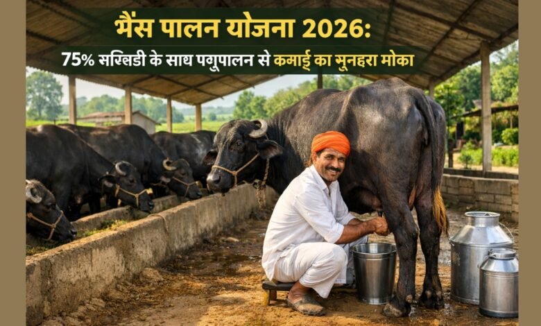 भैंस पालन योजना 2026 के तहत डेयरी फार्म में भैंसों के साथ पशुपालक