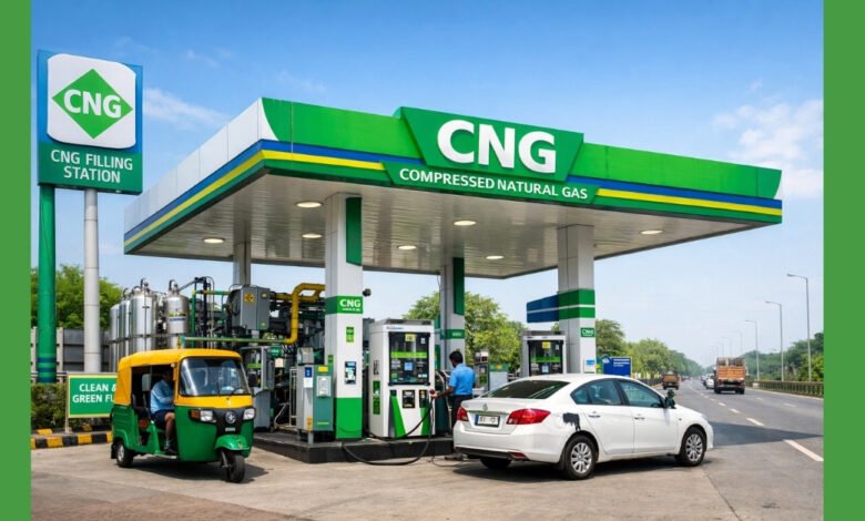 भारत में CNG पंप बिजनेस – CNG फ्यूल स्टेशन, कंप्रेसर और वाहन गैस भरते हुए