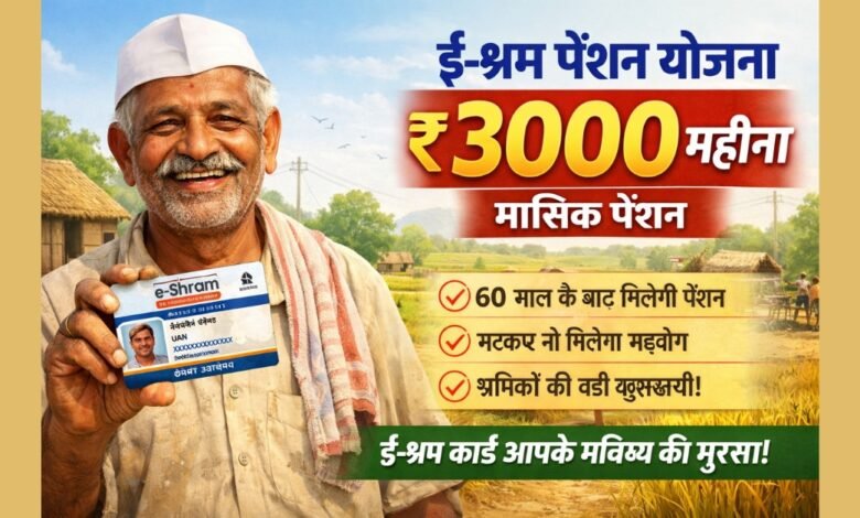 ई-श्रम कार्ड पेंशन योजना के तहत ₹3000 मासिक पेंशन की जानकारी दर्शाता फीचर इमेज