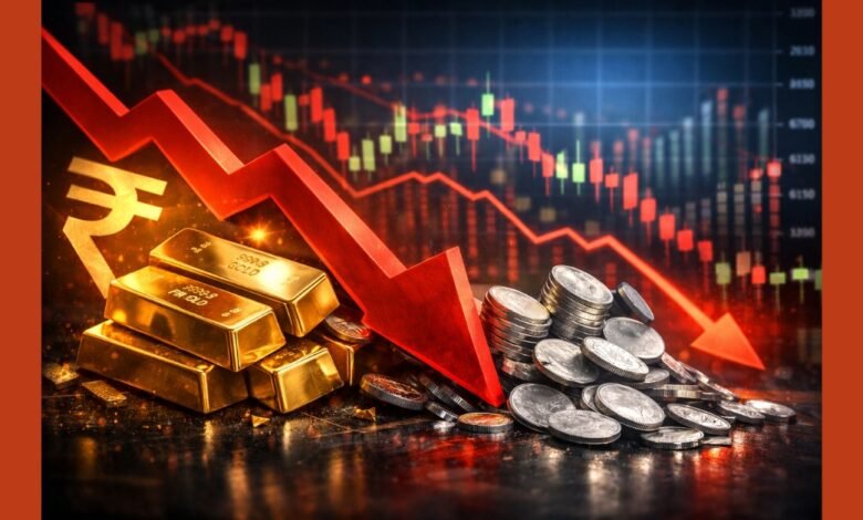 Gold Silver Price 2026 में सोना और चांदी की कीमतों में भारी गिरावट दर्शाती प्रतीकात्मक इमेज