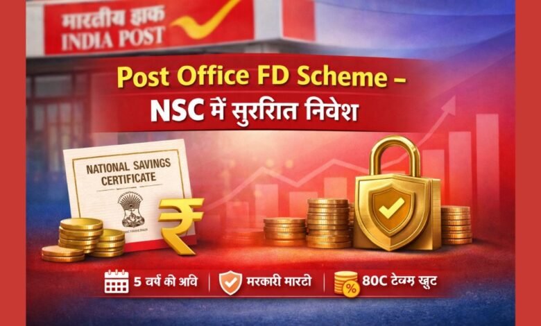 Post Office FD Scheme के तहत नेशनल सेविंग सर्टिफिकेट NSC में सुरक्षित निवेश की जानकारी दर्शाता फीचर इमेज