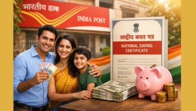 Post Office NSC Scheme में निवेश दर्शाती हुई पोस्ट ऑफिस और नेशनल सेविंग सर्टिफिकेट की इमेज