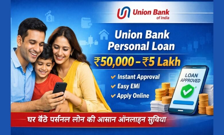 यूनियन बैंक ऑफ इंडिया पर्सनल लोन ₹50,000 से ₹5 लाख तक ऑनलाइन आवेदन प्रक्रिया दर्शाता फीचर इमेज