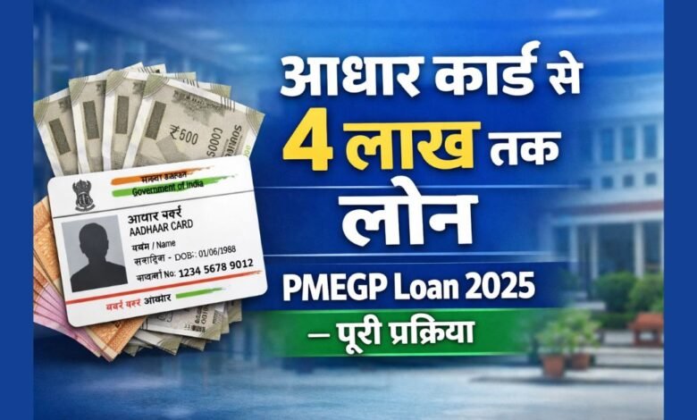 आधार कार्ड से पर्सनल और बिजनेस लोन तथा PMEGP लोन योजना 2025 की जानकारी दर्शाती हुई इमेज