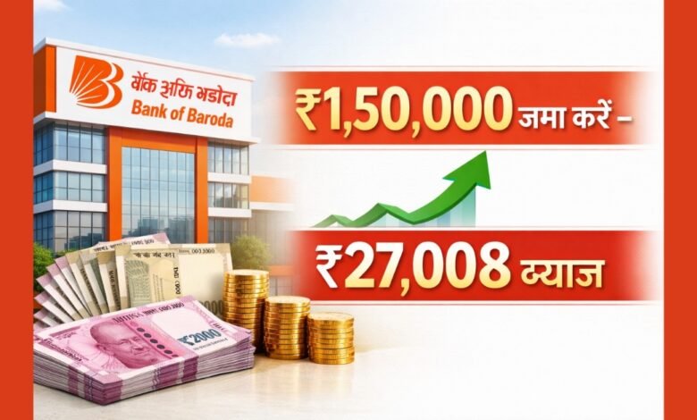 Bank of Baroda FD Scheme में ₹1,50,000 जमा करने पर ₹27,008 फिक्स्ड ब्याज की जानकारी दर्शाता हुआ चित्र