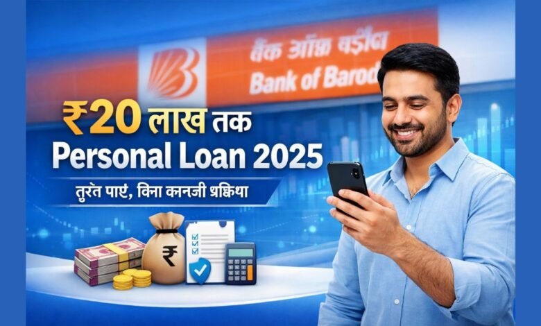 Bank of Baroda Personal Loan 2025 banner showing ₹20 lakh instant loan information
