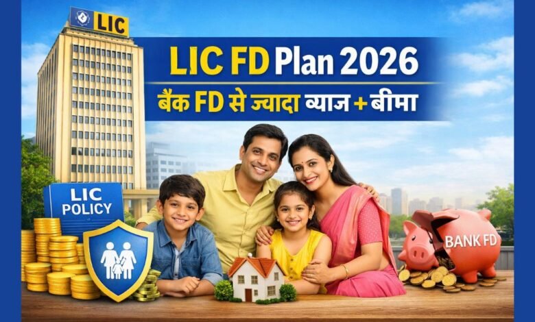 LIC FD Plan 2026 जिसमें बैंक FD से ज्यादा ब्याज और लाइफ इंश्योरेंस का लाभ दिखाया गया है
