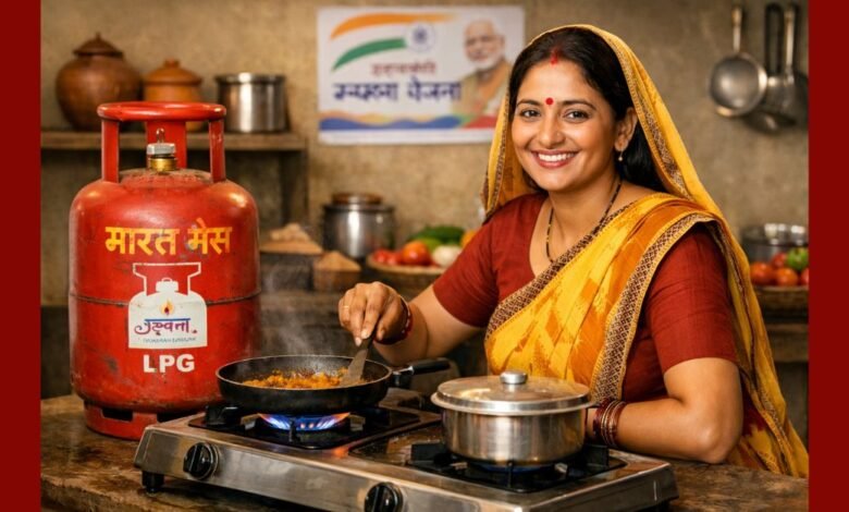 महिलाओं के लिए फ्री गैस सिलेंडर योजना 2026 के तहत एलपीजी गैस सिलेंडर का उपयोग करती महिला