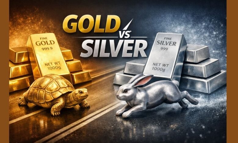सोने की ईंट और चांदी की ईंट की तुलना दर्शाती हुई गोल्ड बनाम सिल्वर निवेश की अवधारणा