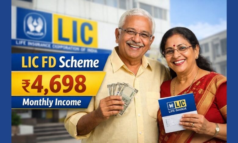 LIC FD Scheme में ₹1.5 लाख निवेश पर ₹4,698 मासिक आय की जानकारी दर्शाती फीचर इमेज