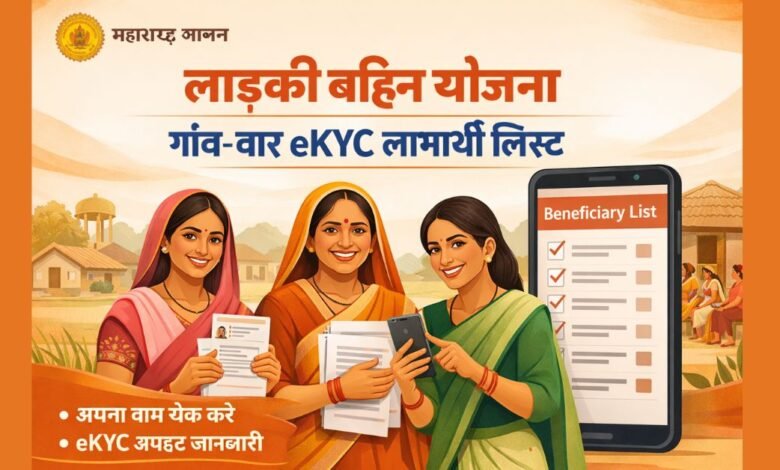 लड़की बहिन योजना की गांव-वार eKYC बेनिफिशियरी लिस्ट चेक करती महिलाएं