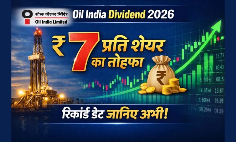 Oil India Dividend 2026 ₹7 per share announcement with company logo and stock market background