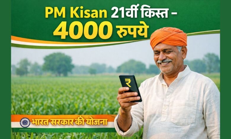 पीएम किसान योजना की 21वीं किस्त में किसानों को 4000 रुपये मिलने की जानकारी दर्शाता फीचर इमेज