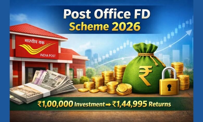 Post Office FD Scheme 2026 में ₹1,00,000 निवेश पर ₹44,995 ब्याज दर्शाता हुआ फीचर इमेज