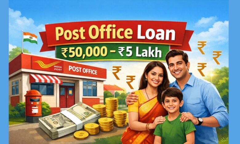 पोस्ट ऑफिस से ₹50,000 से ₹5 लाख तक का लोन लेने की जानकारी दर्शाती फीचर इमेज
