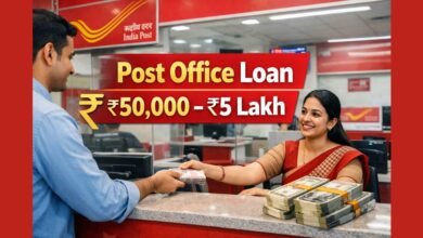 यह इमेज पोस्ट ऑफिस लोन योजना को दर्शाती है, जिसमें खाताधारक अपनी जमा सेविंग स्कीम के बदले कम ब्याज दर पर ₹50,000 से ₹5 लाख तक का लोन प्राप्त कर सकते हैं।