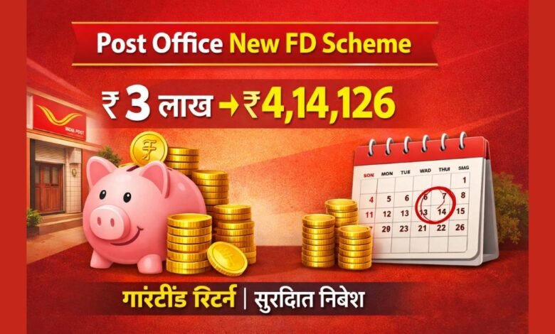 Post Office New FD Scheme में ₹3 लाख निवेश पर ₹4,14,126 मैच्योरिटी अमाउंट दर्शाता फीचर इमेज