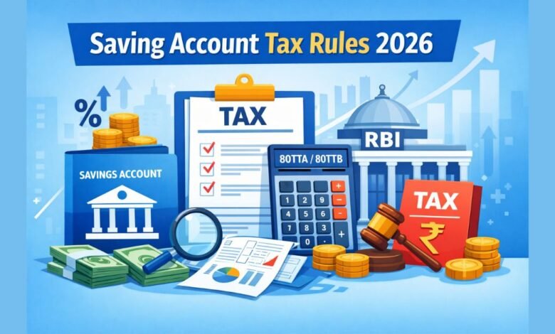 Saving Account Tax Rules 2026 में बचत खाते के ब्याज पर इनकम टैक्स और RBI नए नियम की जानकारी दर्शाती इमेज