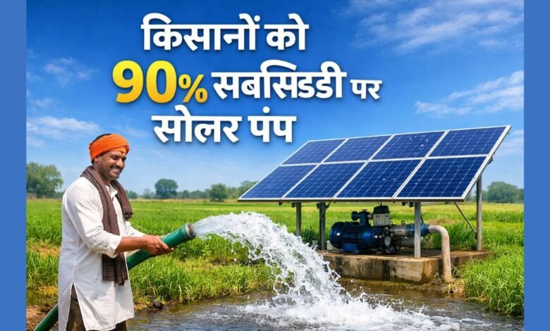 किसान खेत में सोलर पंप से सिंचाई करते हुए – 90 प्रतिशत सब्सिडी सोलर पंप योजना