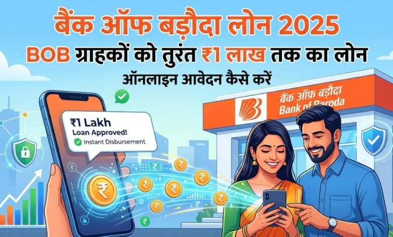 Bank of Baroda Digital Personal Loan 2025 Mobile App Interface and Cash Icon