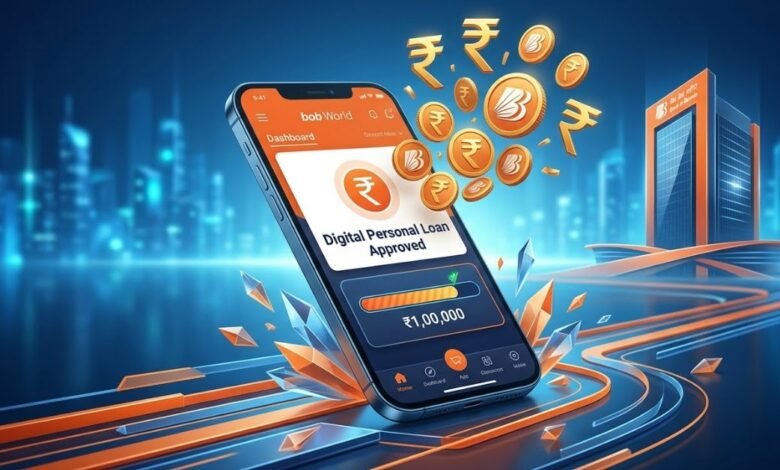 बैंक ऑफ बड़ौदा मोबाइल ऐप के माध्यम से ₹1 लाख के डिजिटल लोन की स्वीकृति का प्रतीकात्मक चित्र।