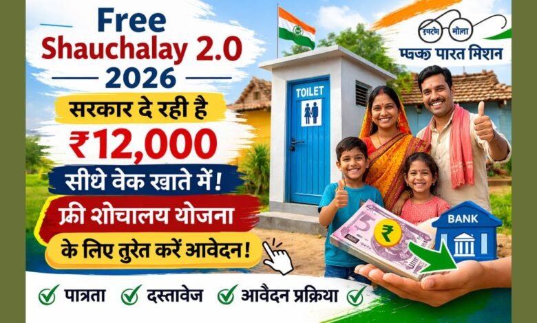 Free Shauchalay 2.0 2026 योजना के तहत ग्रामीण परिवार को शौचालय निर्माण के लिए ₹12,000 की सहायता