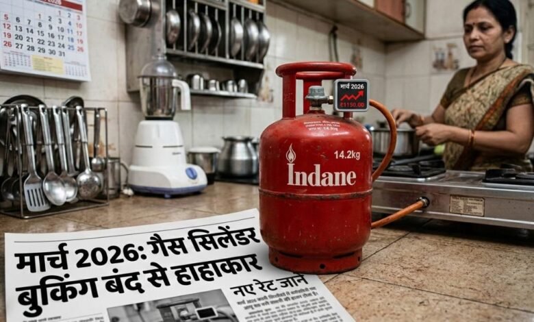 Red LPG gas cylinder in an Indian kitchen with price chart representing March 2026 rate hike