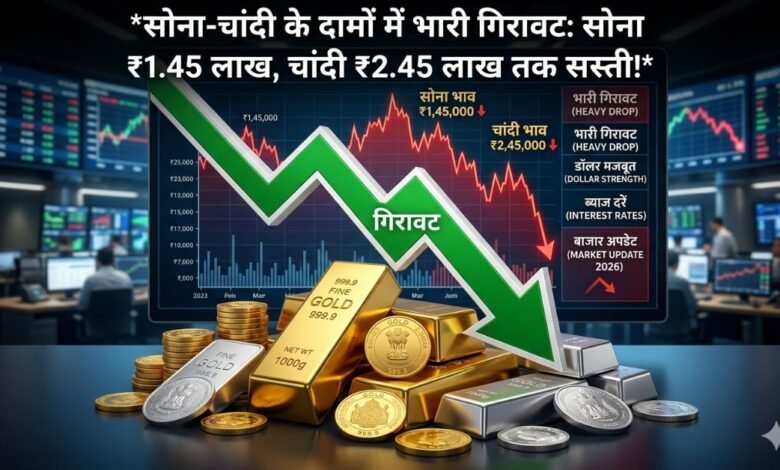 सोने के बिस्कुट और चांदी के सिक्कों के साथ गिरते हुए मार्केट ग्राफ का चित्र।