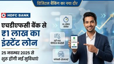 एचडीएफसी बैंक ₹1 लाख इंस्टेंट पर्सनल लोन 2025 का डिजिटल बैनर जिसमें मोबाइल बैंकिंग और लोन की जानकारी दिखाई गई है।