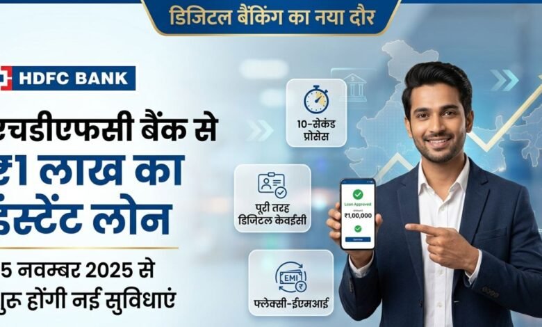 एचडीएफसी बैंक ₹1 लाख इंस्टेंट पर्सनल लोन 2025 का डिजिटल बैनर जिसमें मोबाइल बैंकिंग और लोन की जानकारी दिखाई गई है।