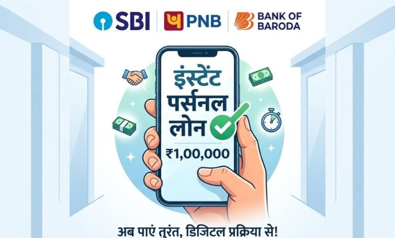 SBI PNB Bank of Baroda Instant Personal Loan banner with 1 lakh amount and mobile banking icons