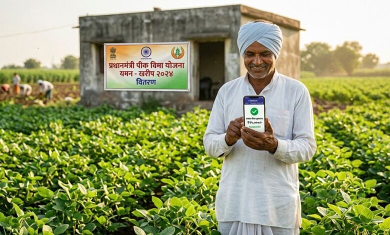 भारतीय किसान अपने मोबाइल पर खरीफ फसल बीमा भुगतान का स्टेटस चेक करते हुए।