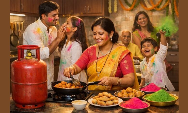 होली से पहले घरेलू LPG गैस सिलेंडर की कीमत ₹600 होने की खुशखबरी दर्शाता भारतीय परिवार