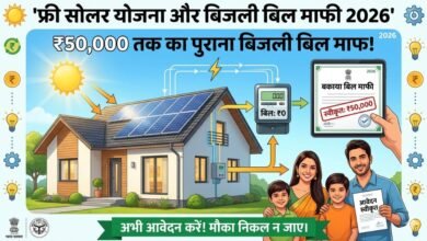 हिंदी में फ्री सोलर योजना और बिजली बिल माफी 2026 का पोस्टर (Solar Panel and Bill Waiver Info)