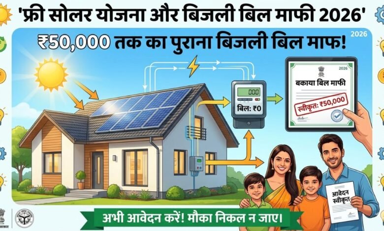 हिंदी में फ्री सोलर योजना और बिजली बिल माफी 2026 का पोस्टर (Solar Panel and Bill Waiver Info)