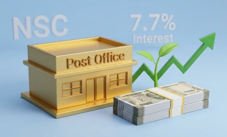 Post Office NSC Scheme investment growth and Indian Rupee notes representation.