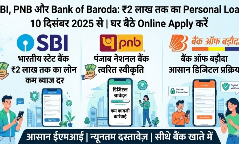SBI PNB and Bank of Baroda online personal loan application mobile app interface 2025घर बैठे ऑनलाइन आवेदन करें और ₹2 लाख तक का लोन सीधे खाते में पाएं।