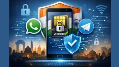 SIM Binding Rules 2026 का प्रभाव दिखाता स्मार्टफोन और WhatsApp Telegram ऐप्स का सिक्योरिटी ग्राफिक