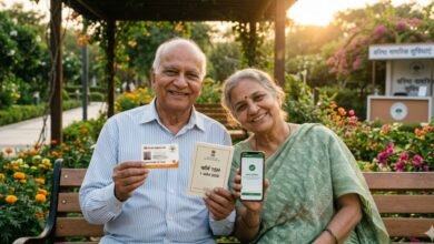 Happy Indian senior citizen couple holding a health card and smiling, representing 2026 government schemes