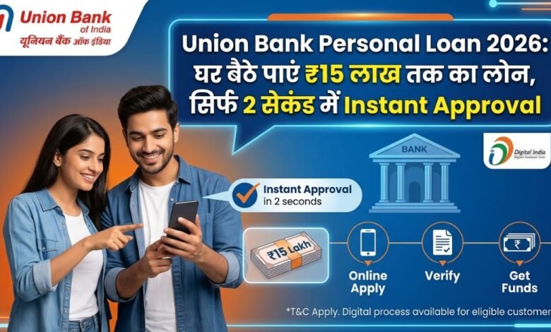 Union Bank Personal Loan 2026 Banner showing mobile app and loan amount.