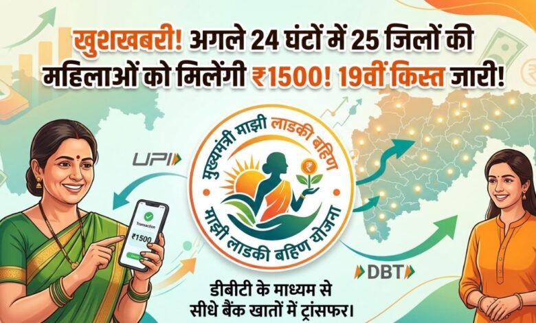 मुख्यमंत्री माझी लाडकी बहिण योजना 19वीं किस्त ₹1500 वितरण ग्राफ़िक।