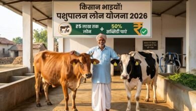 भारतीय किसान डेयरी फार्म में अपनी गाय के साथ, पशुपालन लोन योजना 2026 की जानकारी दर्शाते हुए।